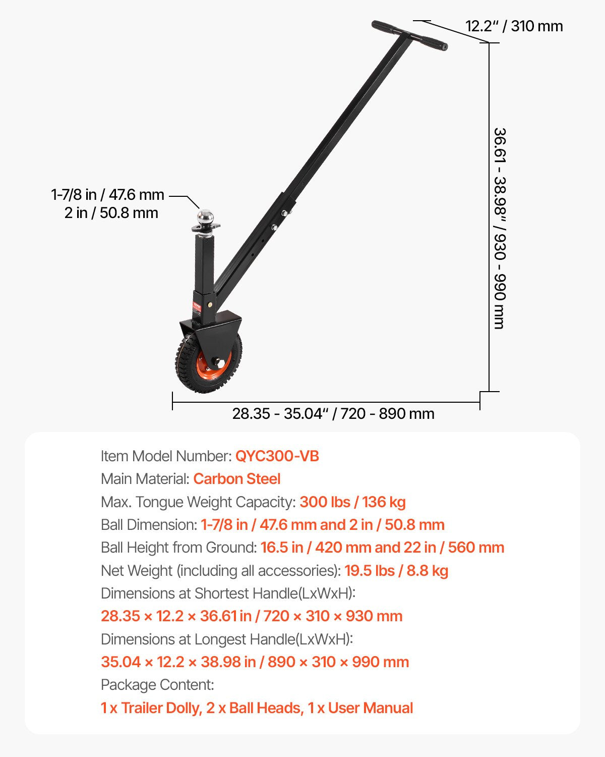 Trailer Dolly, 300lbs Tongue Weight Capacity, 16.5 inch and 22 inch Height Adjustable Trailer Dolly, with 1-7/8 inch and 2 inch Balls, 8.5 inch Pneumatic Rubber Tire, for Moving RV Trailer