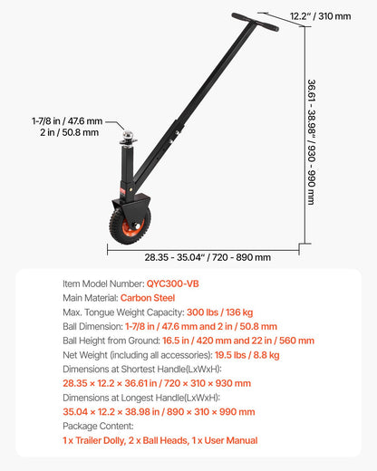 Trailer Dolly, 300lbs Tongue Weight Capacity, 16.5 inch and 22 inch Height Adjustable Trailer Dolly, with 1-7/8 inch and 2 inch Balls, 8.5 inch Pneumatic Rubber Tire, for Moving RV Trailer