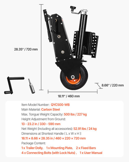 Trailer Dolly, 500lbs Tongue Weight Capacity, 13 inch-23.2 inch Height Adjustable Trailer Mover Dolly, 9-inch Pneumatic Rubber Tire, Manual or Electric Wrench Drive, for Moving RV Trailer