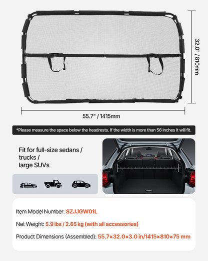 Dog Car Barrier, 56" Wide Car Divider for Front Seats Installation, Vehicle Pet Barrier with See Through Net Mesh, Universal-Fit Dog Car Barrier for Full-size Sedans, Trucks, and SUVs, Black