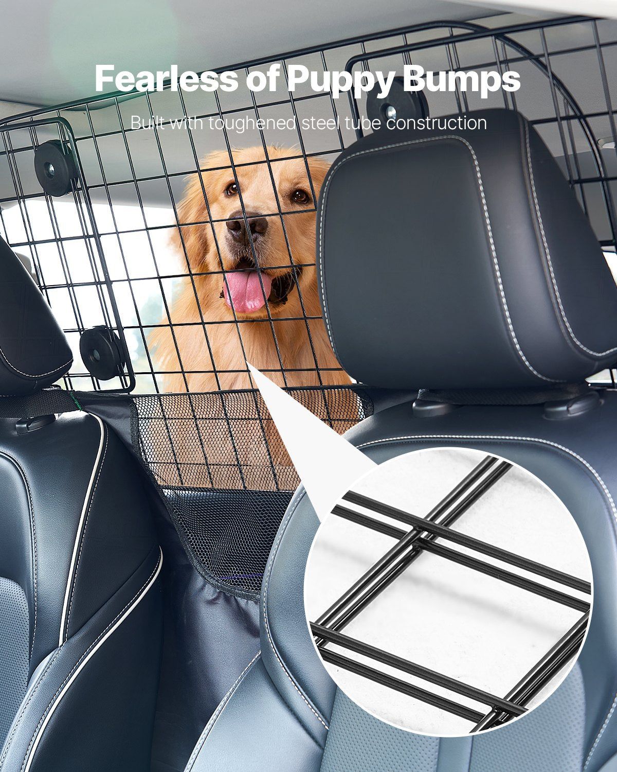 Dog Car Barrier, 35.4"-60.6" Adjustable Car Divider for Front Seat Installation, Universal-Fit Heavy-Duty Wire Mesh Dogs Separator Guard Net, Vehicle Pet Barrier for Sedans, Trucks and SUVs