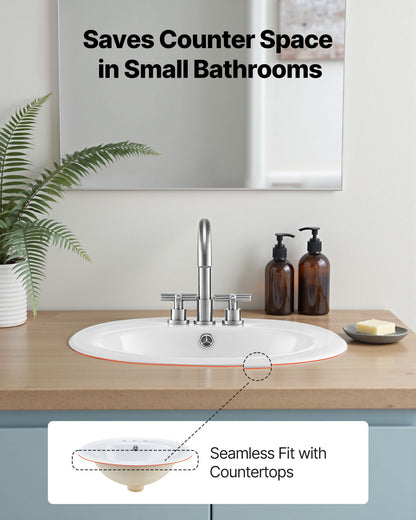 Semi Recessed Bathroom Sink, 485 x 425 mm Oval White Ceramic Vessel Sink with Overflow Hole and 3 Faucet Holes, Drop in Modern Lavatory Vanity Bath Wash Bowl Basin for Bathroom Small Spaces