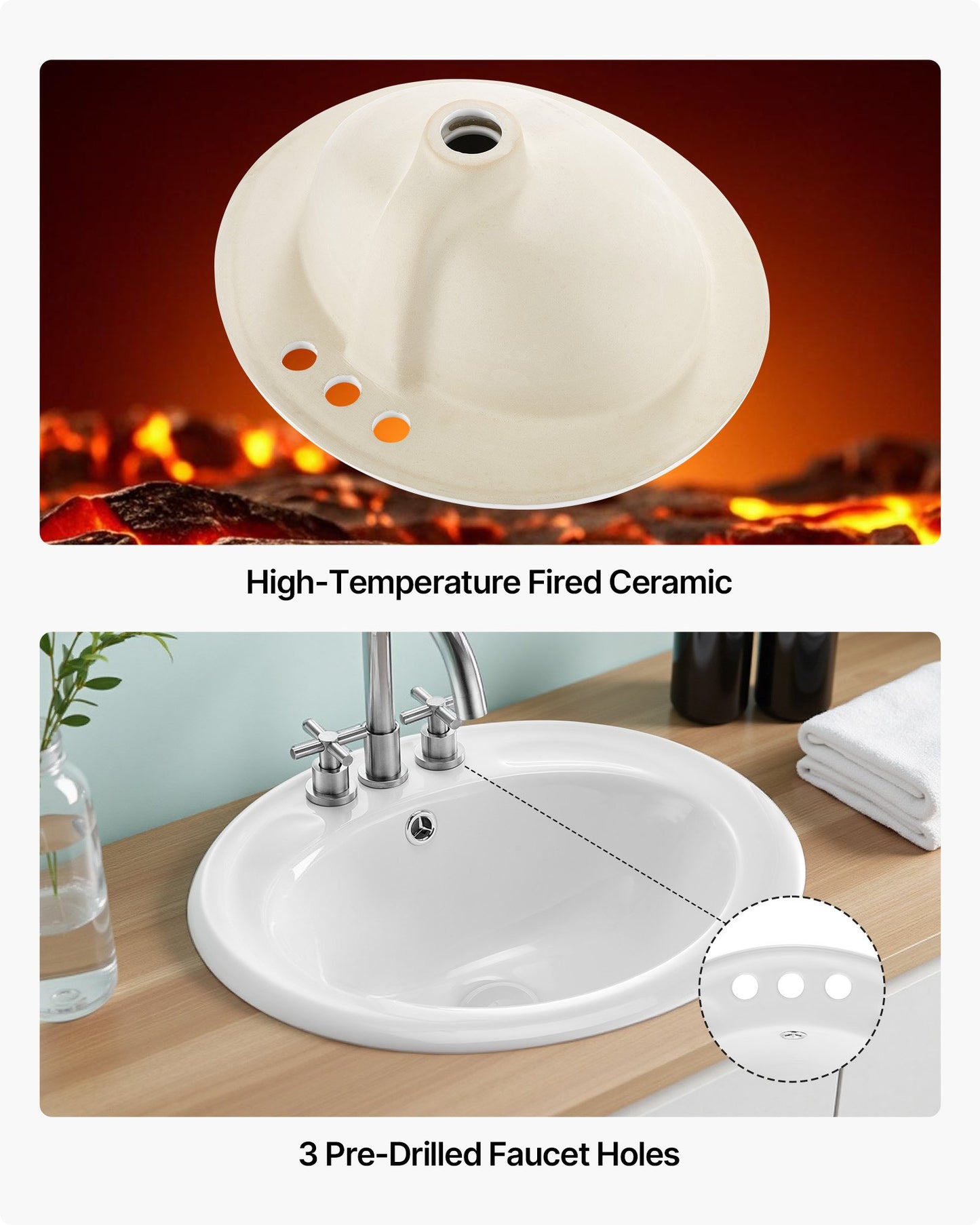 Semi Recessed Bathroom Sink, 485 x 425 mm Oval White Ceramic Vessel Sink with Overflow Hole and 3 Faucet Holes, Drop in Modern Lavatory Vanity Bath Wash Bowl Basin for Bathroom Small Spaces