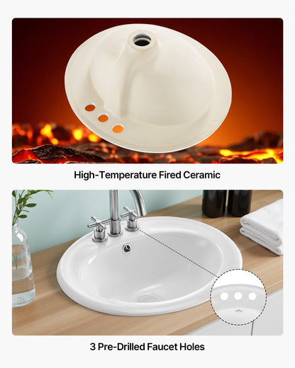 Semi Recessed Bathroom Sink, 485 x 425 mm Oval White Ceramic Vessel Sink with Overflow Hole and 3 Faucet Holes, Drop in Modern Lavatory Vanity Bath Wash Bowl Basin for Bathroom Small Spaces