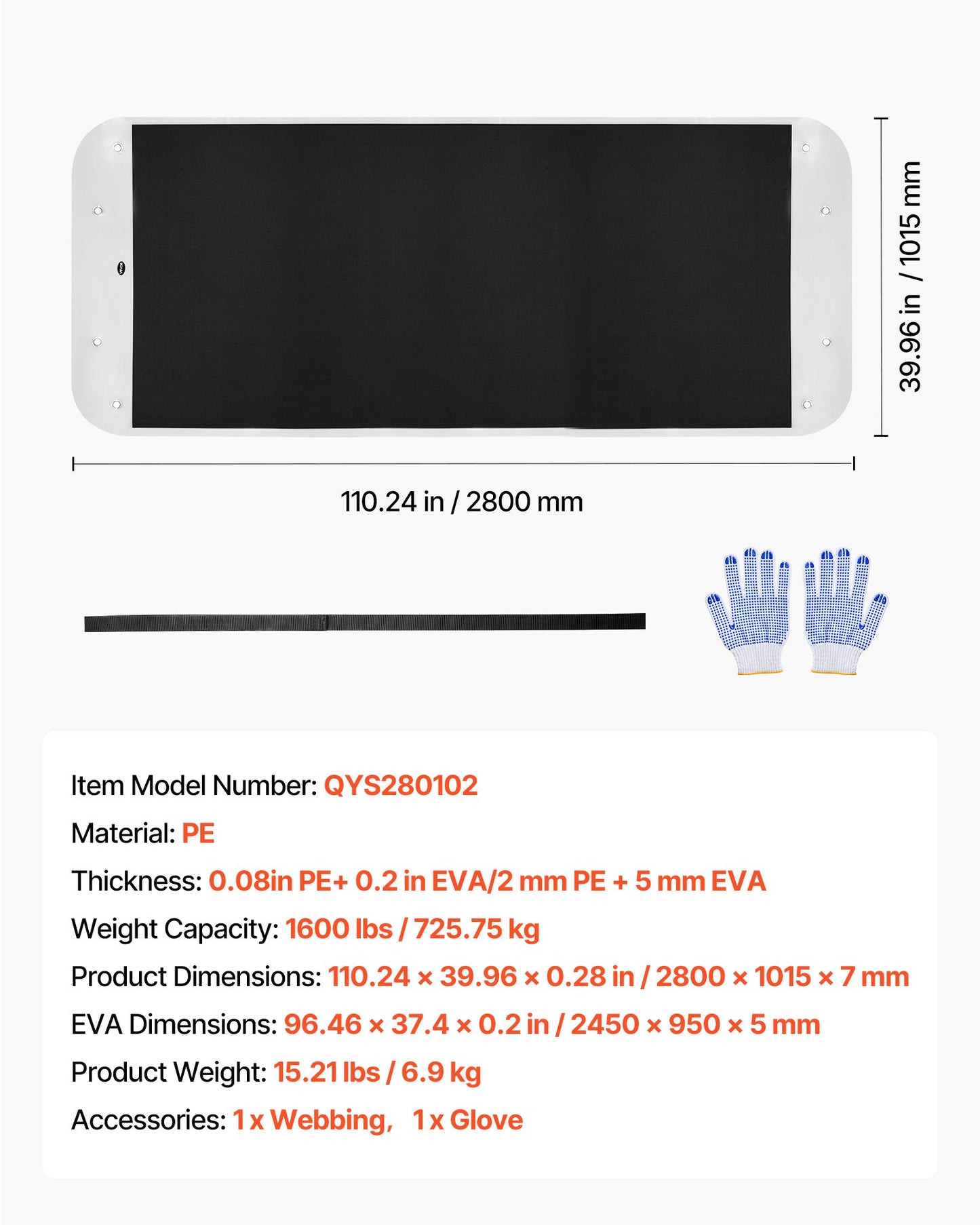 Gartenschleppschlitten, 280 x 101,5 cm, 725 kg Schwerlast-Nutzschlitten, PE-Schleppschlitten mit Seilen und Zugkabel, Mehrzweck-Wildtransporter für Brennholz und Eisangeln, kompatibel mit ATVs, UTVs und Traktoren