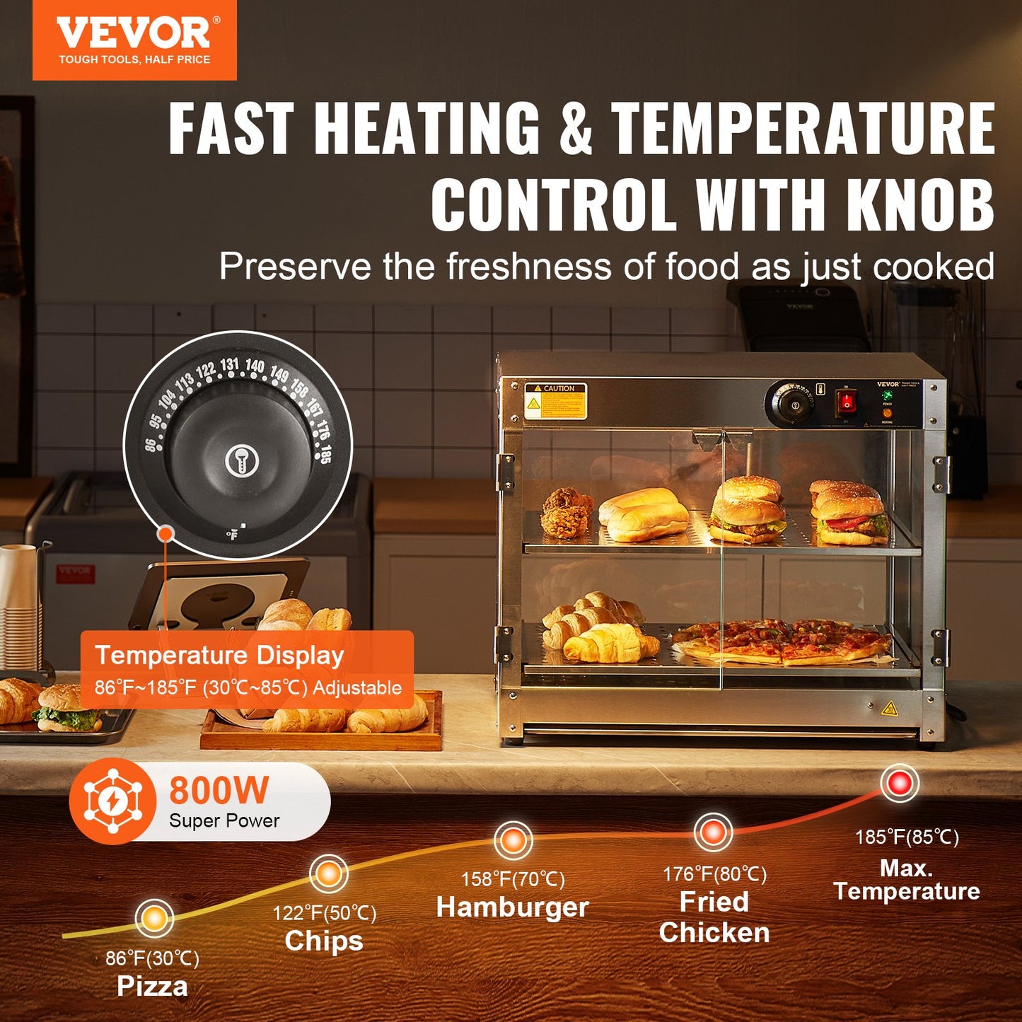 2-Tier Commercial Food Warmer Display, 800W Food Display Warmer with Light to Enhance Food Display, 30℃~85℃ Temperature Control, 58L Large Capacity for Hamburger, Pizza, Bread, Fried Chicken