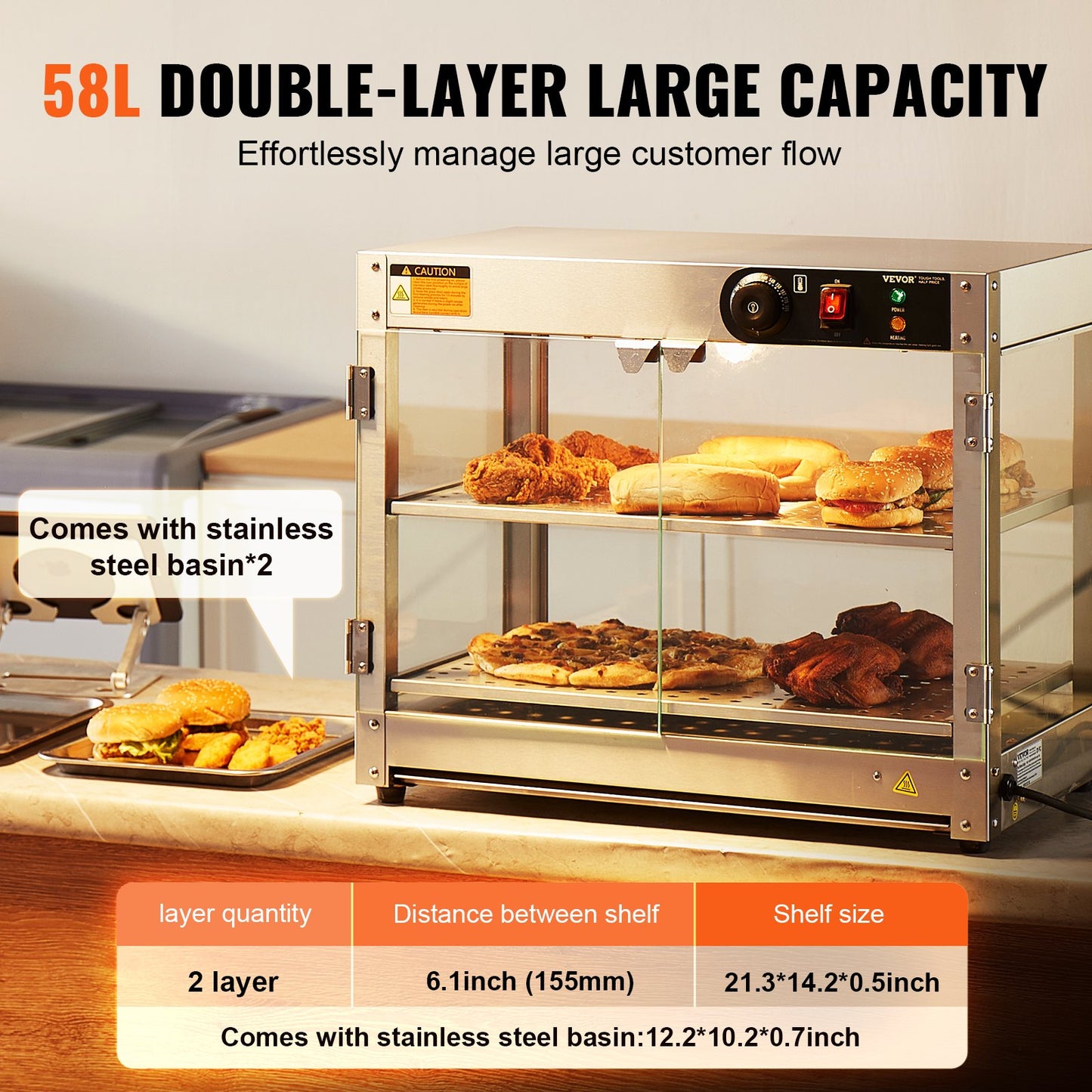 2-Tier Commercial Food Warmer Display, 800W Food Display Warmer with Light to Enhance Food Display, 30℃~85℃ Temperature Control, 58L Large Capacity for Hamburger, Pizza, Bread, Fried Chicken