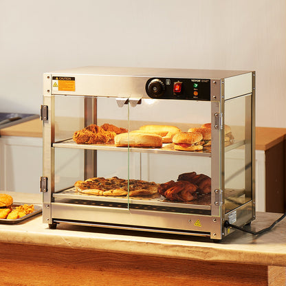 2-Tier Commercial Food Warmer Display, 800W Food Display Warmer with Light to Enhance Food Display, 30℃~85℃ Temperature Control, 58L Large Capacity for Hamburger, Pizza, Bread, Fried Chicken