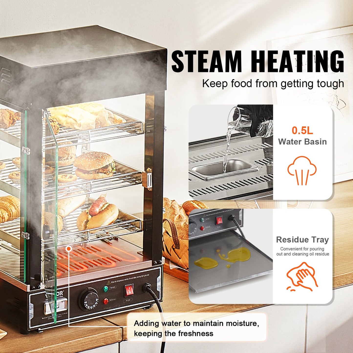 3-Tier Commercial Food Warmer Display, 1000W Food Display Warmer with Light, Adjustable Shelf and Temperature Display, 30℃~85℃ Steam Heating, 57L for Hamburger, Pizza, Bread, Fried Chicken