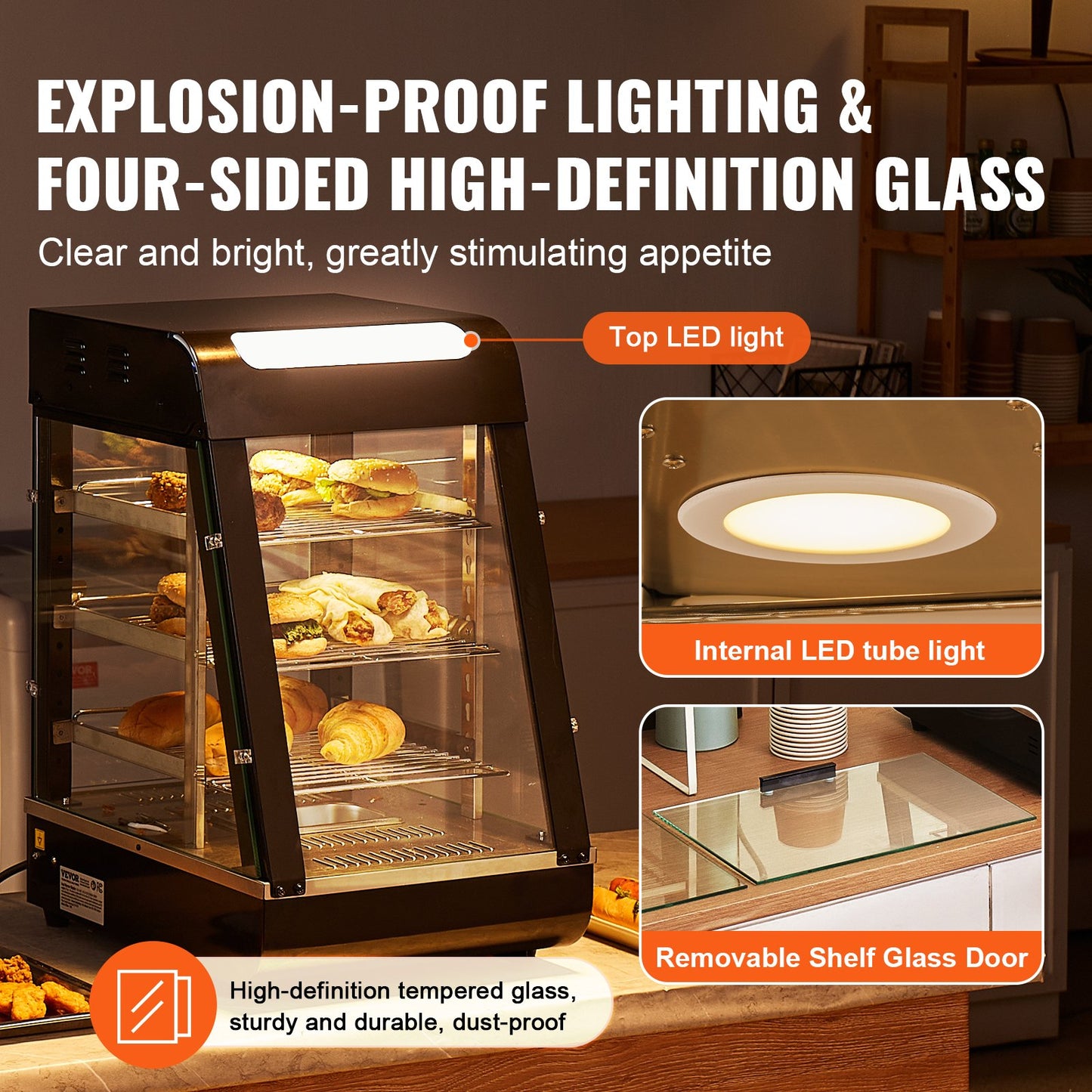 3-Tier Commercial Food Warmer Display, 1000W Food Display Warmer with Light, Adjustable Shelf and Temperature Display, 30℃~85℃ Steam Heating, 57L for Hamburger, Pizza, Bread, Fried Chicken