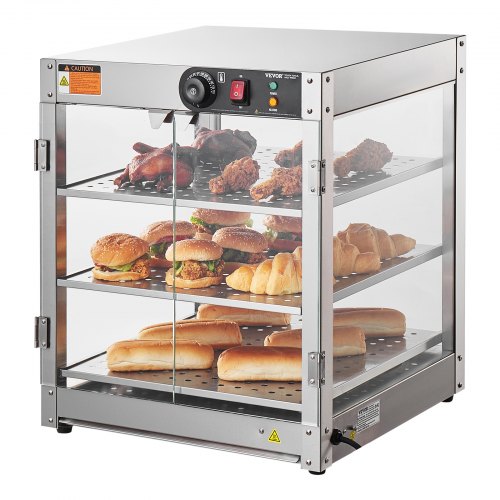 3-Tier Commercial Food Warmer Display, 800W Food Display Warmer with Light to Enhance Food Display, 30℃~85℃ Temperature Control, 90L Large Capacity for Hamburger, Pizza, Bread, Fried Chicken