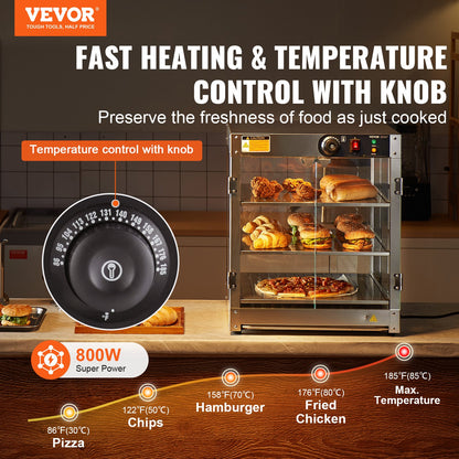 3-Tier Commercial Food Warmer Display, 800W Food Display Warmer with Light to Enhance Food Display, 30℃~85℃ Temperature Control, 90L Large Capacity for Hamburger, Pizza, Bread, Fried Chicken