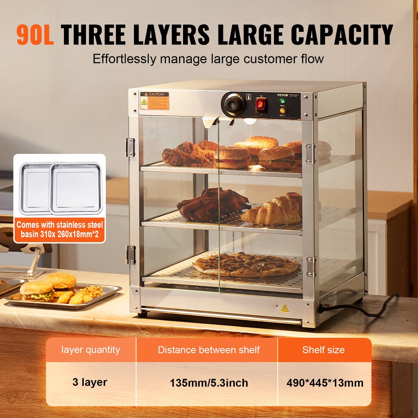 3-Tier Commercial Food Warmer Display, 800W Food Display Warmer with Light to Enhance Food Display, 30℃~85℃ Temperature Control, 90L Large Capacity for Hamburger, Pizza, Bread, Fried Chicken