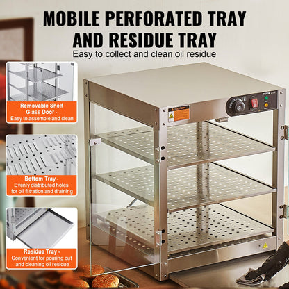 3-Tier Commercial Food Warmer Display, 800W Food Display Warmer with Light to Enhance Food Display, 30℃~85℃ Temperature Control, 90L Large Capacity for Hamburger, Pizza, Bread, Fried Chicken