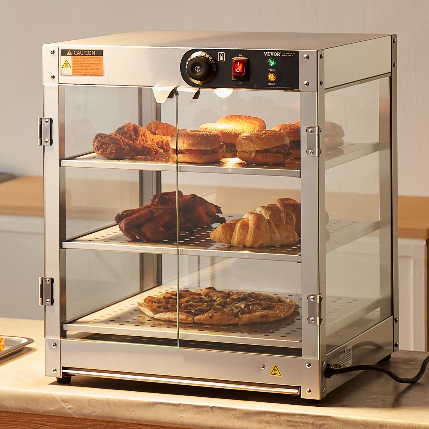 3-Tier Commercial Food Warmer Display, 800W Food Display Warmer with Light to Enhance Food Display, 30℃~85℃ Temperature Control, 90L Large Capacity for Hamburger, Pizza, Bread, Fried Chicken