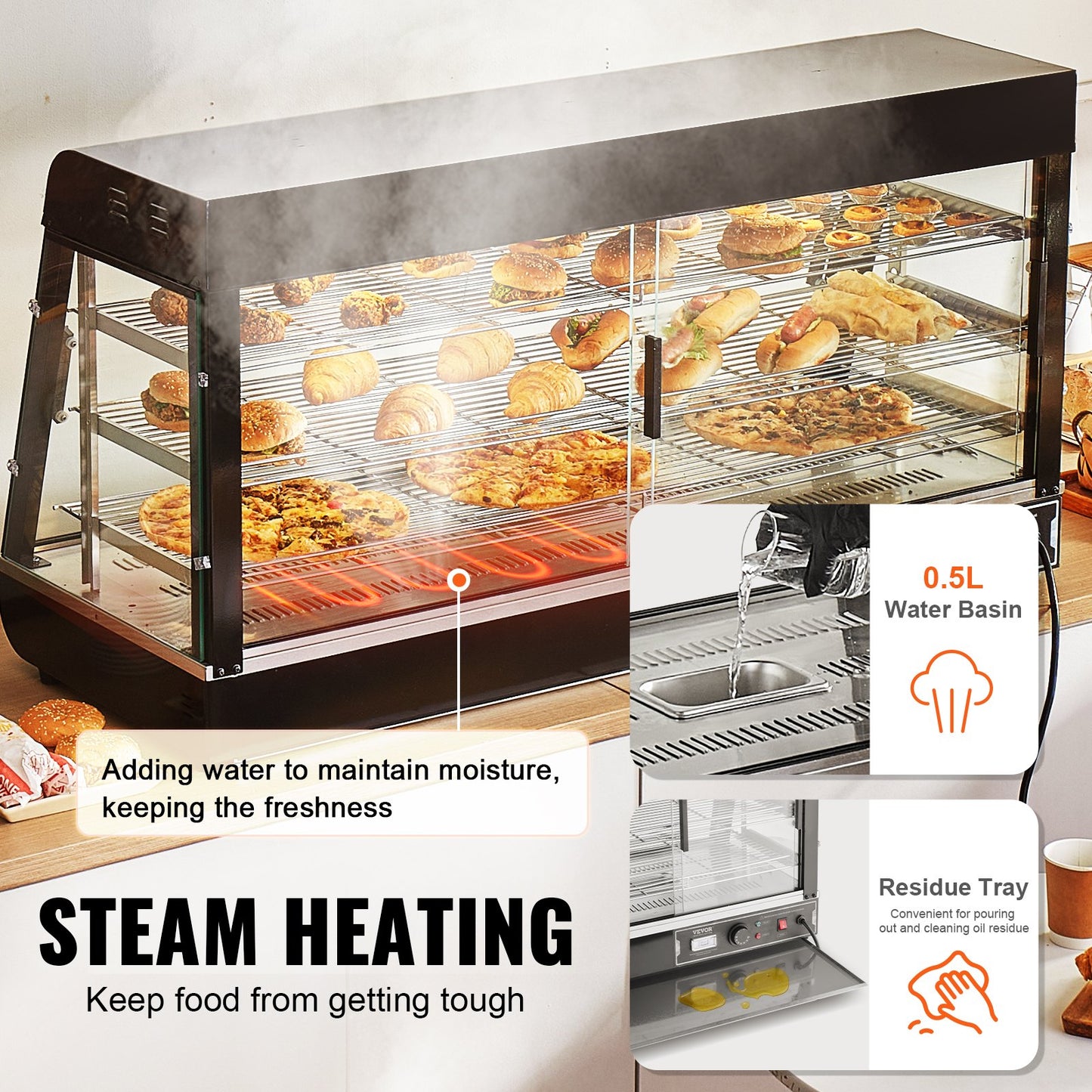 3-Tier Commercial Food Warmer Display, 1500W Food Display Warmer with Light, Adjustable Shelf and Temperature Display, 30℃~85℃ Steam Heating, 180L for Hamburger, Pizza, Bread, Fried Chicken