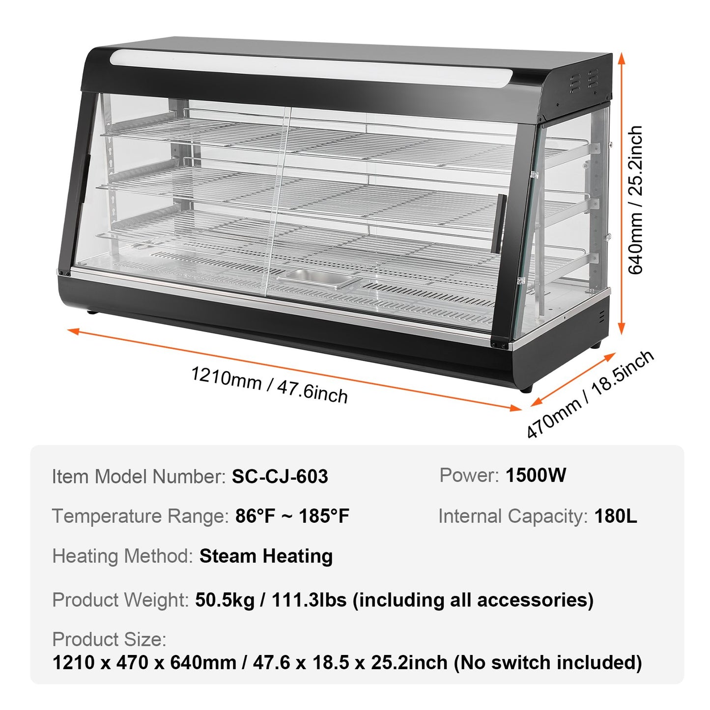 3-Tier Commercial Food Warmer Display, 1500W Food Display Warmer with Light, Adjustable Shelf and Temperature Display, 30℃~85℃ Steam Heating, 180L for Hamburger, Pizza, Bread, Fried Chicken