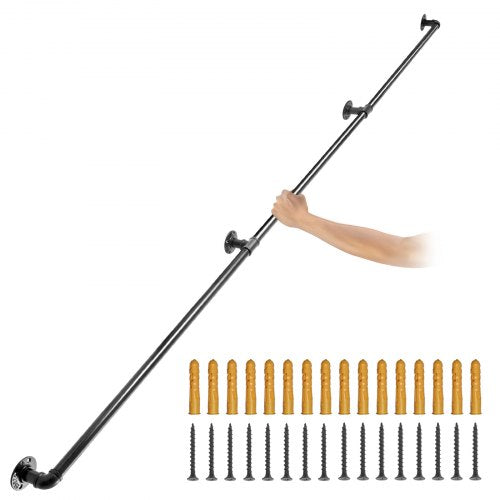Treppengeländer aus Stahlrohr, 304,8 cm lang, Tragfähigkeit 199,6 kg, aus Kohlenstoffstahlrohr, industrietauglich, mit Wandhalterung, abgerundetes Wandgeländer für den Innen- und Außenbereich