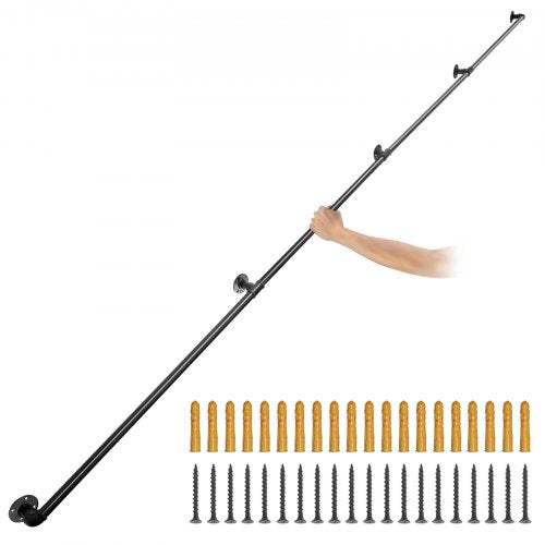 Treppengeländer aus Stahlrohr, 396,2 cm lang, Tragfähigkeit 199,6 kg, aus Kohlenstoffstahlrohr, industrietauglich, mit Wandhalterung, abgerundetes Wandgeländer für den Innen- und Außenbereich