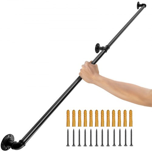 Treppengeländer aus Stahlrohr, 152,4 cm lang, Tragfähigkeit 199,6 kg, aus Kohlenstoffstahlrohr, industrietauglich, mit Wandhalterung, abgerundete Wandgeländer für den Innen- und Außenbereich