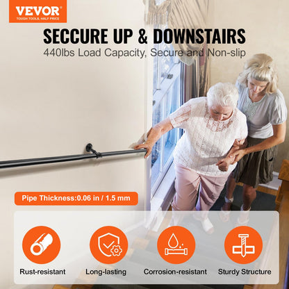 Treppengeländer aus Stahlrohr, 152,4 cm lang, Tragfähigkeit 199,6 kg, aus Kohlenstoffstahlrohr, industrietauglich, mit Wandhalterung, abgerundete Wandgeländer für den Innen- und Außenbereich