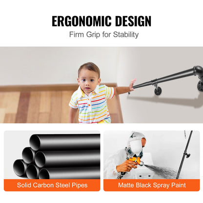 Treppengeländer aus Stahlrohr, 152,4 cm lang, Tragfähigkeit 199,6 kg, aus Kohlenstoffstahlrohr, industrietauglich, mit Wandhalterung, abgerundete Wandgeländer für den Innen- und Außenbereich