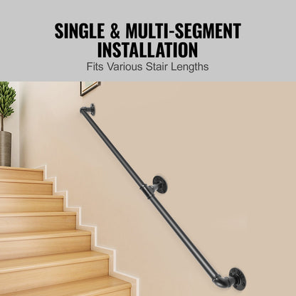 Pipe Stair Handrail, 182.9 cm Staircase Handrail, 199.6 kg Load Capacity Carbon Steel Pipe Handrail, Industrial Pipe Handrail with Wall Mount Support, Round Corner Wall Handrailings for Indoor, Outdoor