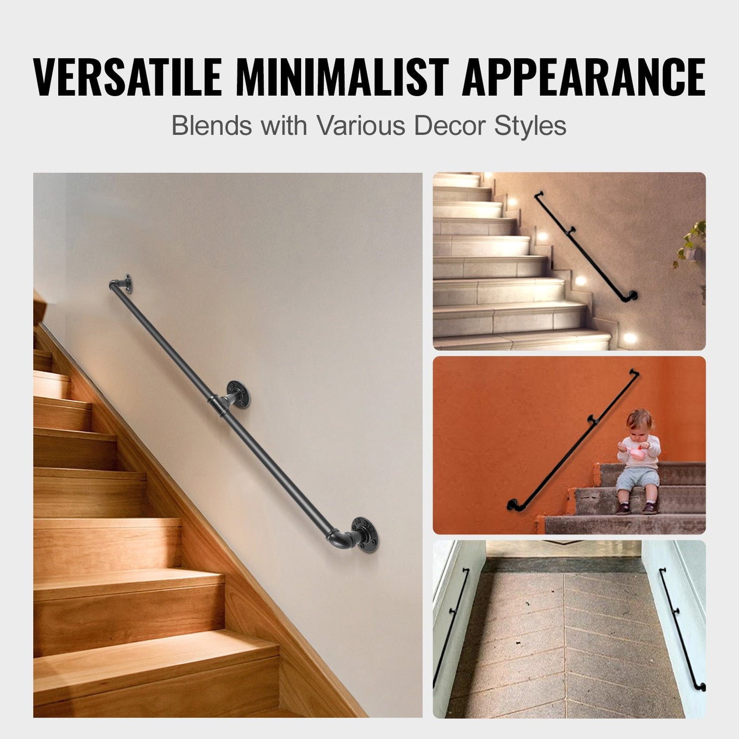 Pipe Stair Handrail, 182.9 cm Staircase Handrail, 199.6 kg Load Capacity Carbon Steel Pipe Handrail, Industrial Pipe Handrail with Wall Mount Support, Round Corner Wall Handrailings for Indoor, Outdoor