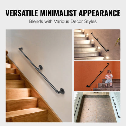 Pipe Stair Handrail, 182.9 cm Staircase Handrail, 199.6 kg Load Capacity Carbon Steel Pipe Handrail, Industrial Pipe Handrail with Wall Mount Support, Round Corner Wall Handrailings for Indoor, Outdoor