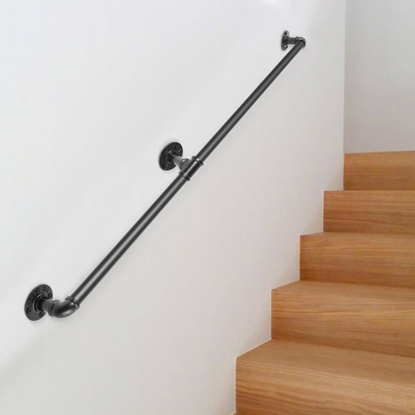 Pipe Stair Handrail, 182.9 cm Staircase Handrail, 199.6 kg Load Capacity Carbon Steel Pipe Handrail, Industrial Pipe Handrail with Wall Mount Support, Round Corner Wall Handrailings for Indoor, Outdoor