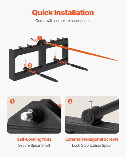 49" Hay Spear, Bale Spears 1600lbs Loading Capacity, Skid Steer Loader Tractor Attachment with 2pcs 17.5" Stabilizer Spears, Quick Attach Spike Forks