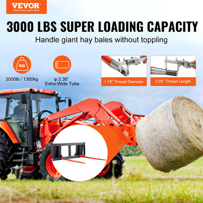 49" Hay Spear, Bale Spears 3000lbs Loading Capacity, Skid Steer Loader Tractor Attachment 2pcs Spears, Quick Attach Spike Forks