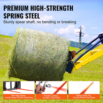 49" Hay Spear, Bale Spears 3000lbs Loading Capacity, Skid Steer Loader Tractor Attachment 2pcs Spears, Quick Attach Spike Forks