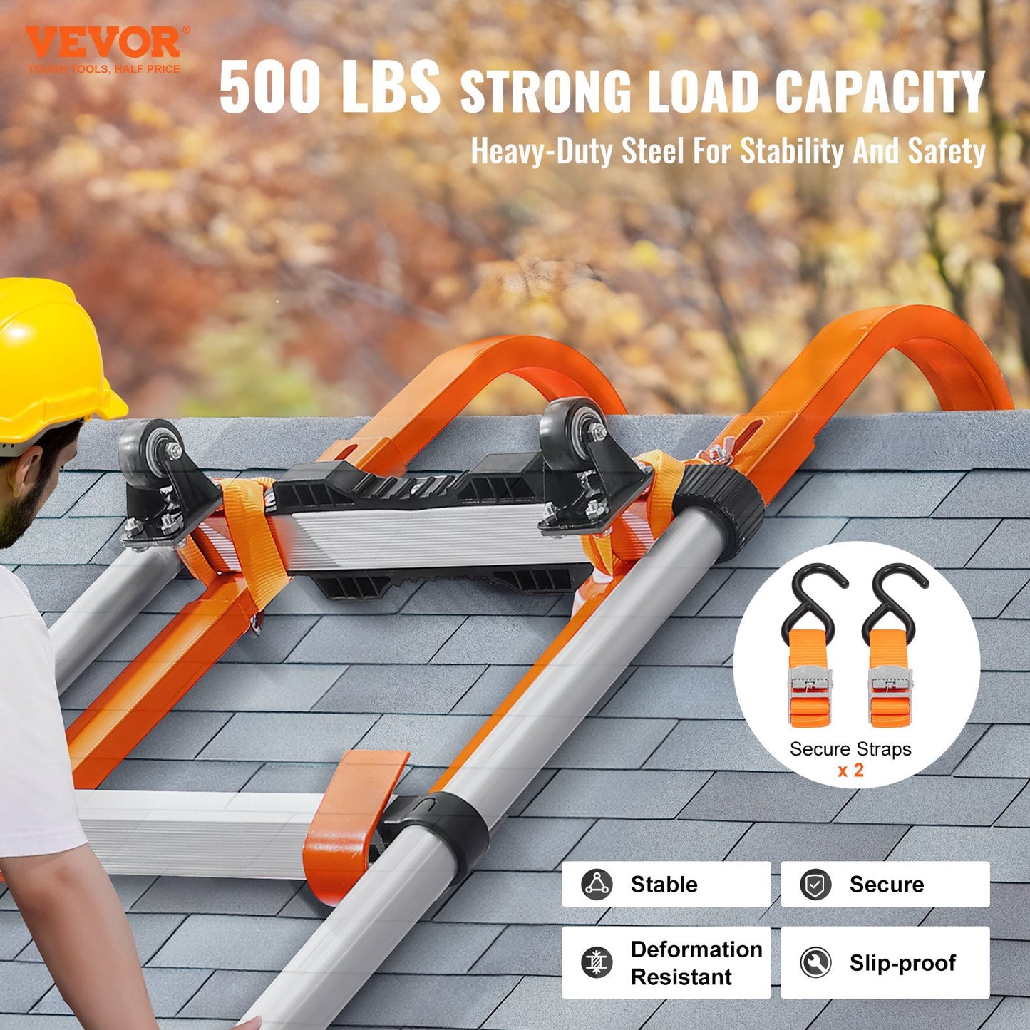 Leiter-Dachhaken, 2er-Pack mit Rad, robuste Stahlleiterstabilisierung, Dachfirstverlängerung mit Gummigriff und T-Stange zur Vermeidung von Beschädigungen, Tragkraft 227 kg, schneller und einfacher Zugang zu steilen Dächern