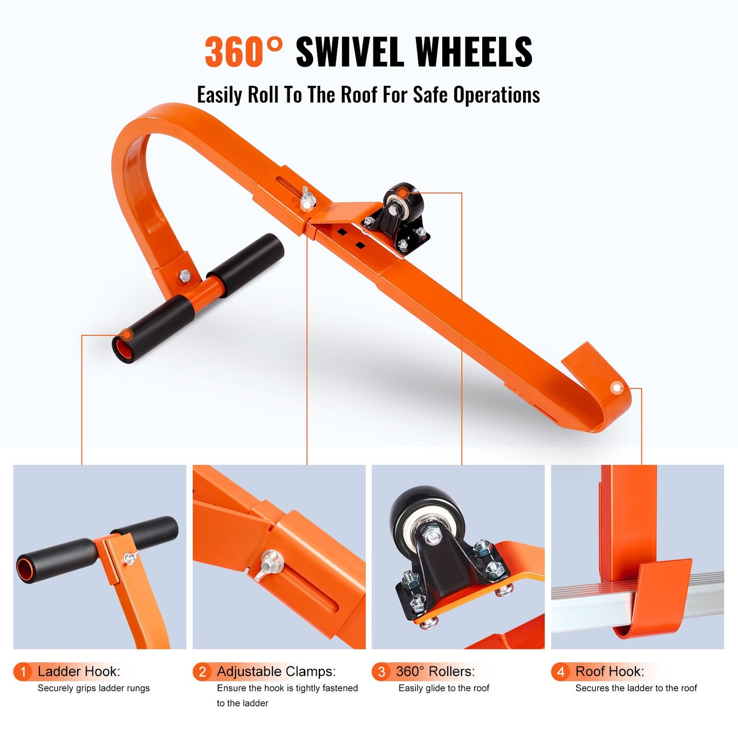 Leiter-Dachhaken, 2er-Pack mit Rad, robuste Stahlleiterstabilisierung, Dachfirstverlängerung mit Gummigriff und T-Stange zur Vermeidung von Beschädigungen, Tragkraft 227 kg, schneller und einfacher Zugang zu steilen Dächern