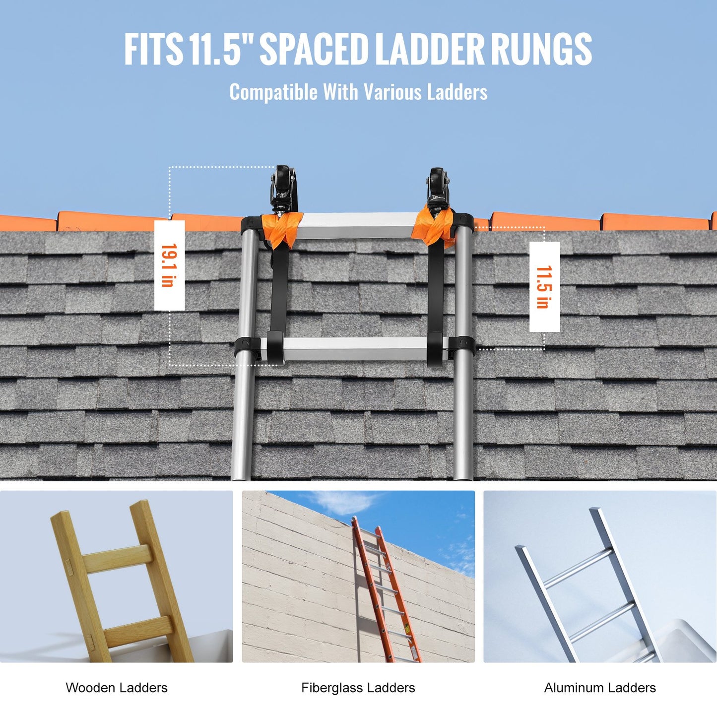 Leiter-Dachhaken, 2er-Pack mit festem Rad und Schwenkstange, robuster Stahl-Leiterstabilisator mit Rad, Dachfirstverlängerung zur Vermeidung von Beschädigungen, Tragkraft 272 kg, ideal für steile Dächer