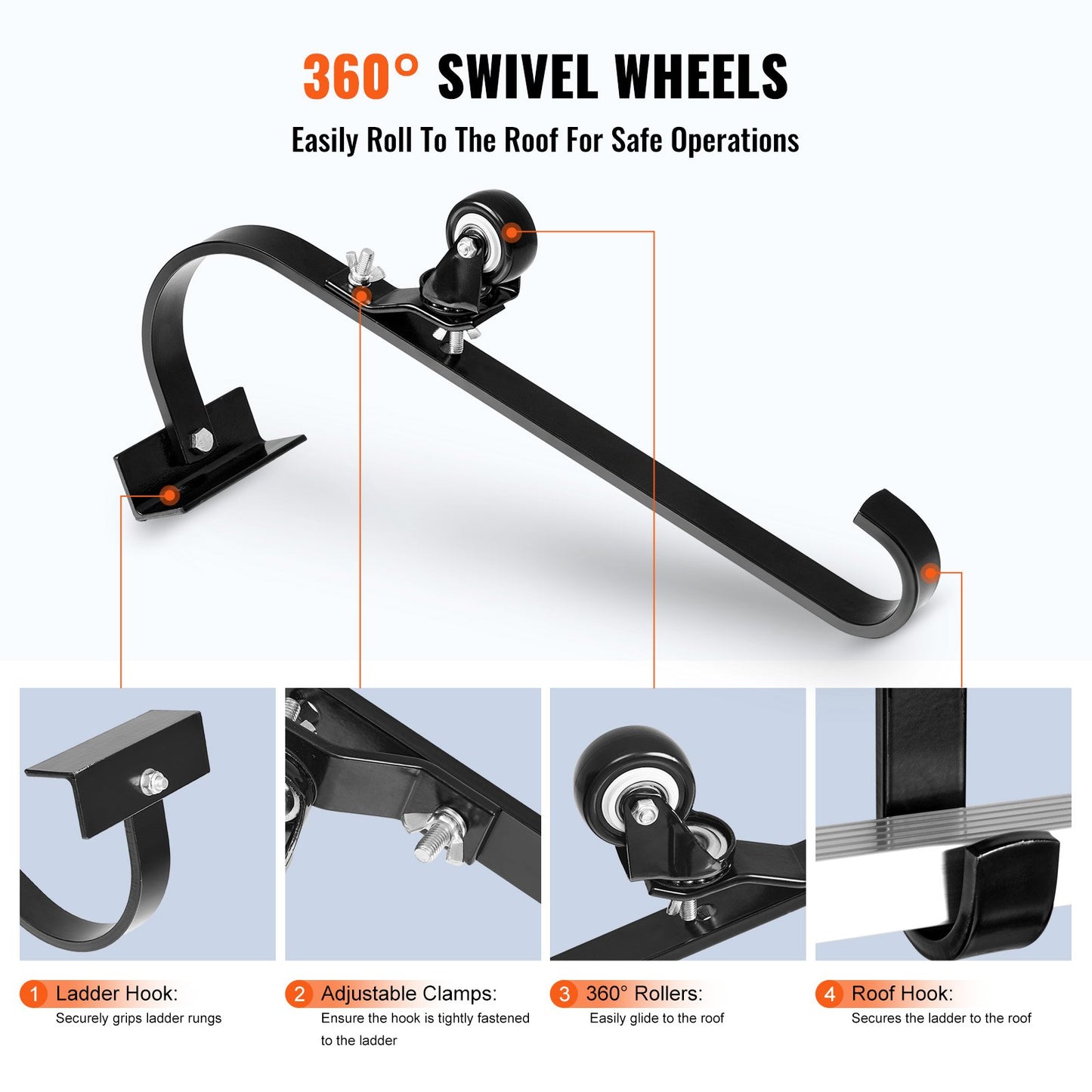 Leiter-Dachhaken, 2er-Pack mit festem Rad und Schwenkstange, robuster Stahl-Leiterstabilisator mit Rad, Dachfirstverlängerung zur Vermeidung von Beschädigungen, Tragkraft 272 kg, ideal für steile Dächer