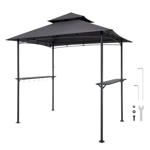 Grillpavillon, 2,43 x 1,5 m, Grillpavillon für den Außenbereich mit doppelstufigem Dach, pulverbeschichteter Stahl, Grillüberdachung mit 2 Seitenablagen und 8 Haken, Grillbaldachin für Terrasse, Garten und Picknick