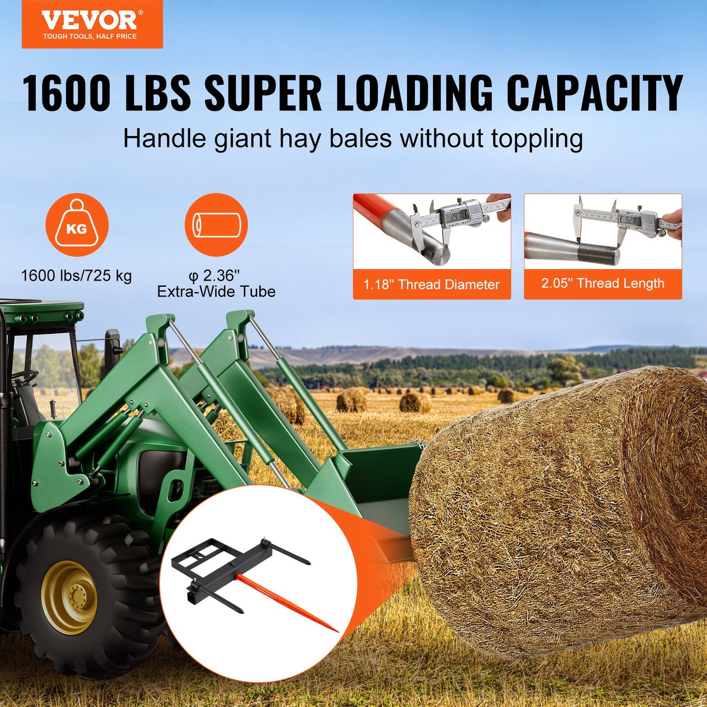 39" Hay Spear, Bale Spears 1600lbs Loading Capacity, Skid Steer Loader Tractor Bucket Attachment with 2pcs 17.5" Stabilizer Spears and 60" Chain, Quick Attach Spike Forks