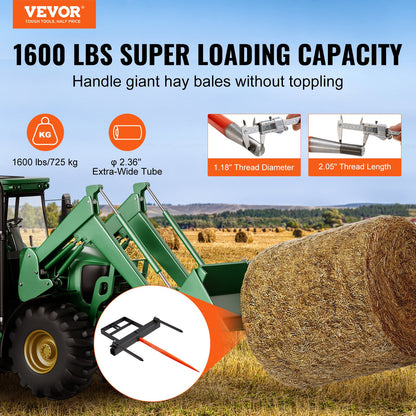 39" Hay Spear, Bale Spears 1600lbs Loading Capacity, Skid Steer Loader Tractor Bucket Attachment with 2pcs 17.5" Stabilizer Spears and 60" Chain, Quick Attach Spike Forks