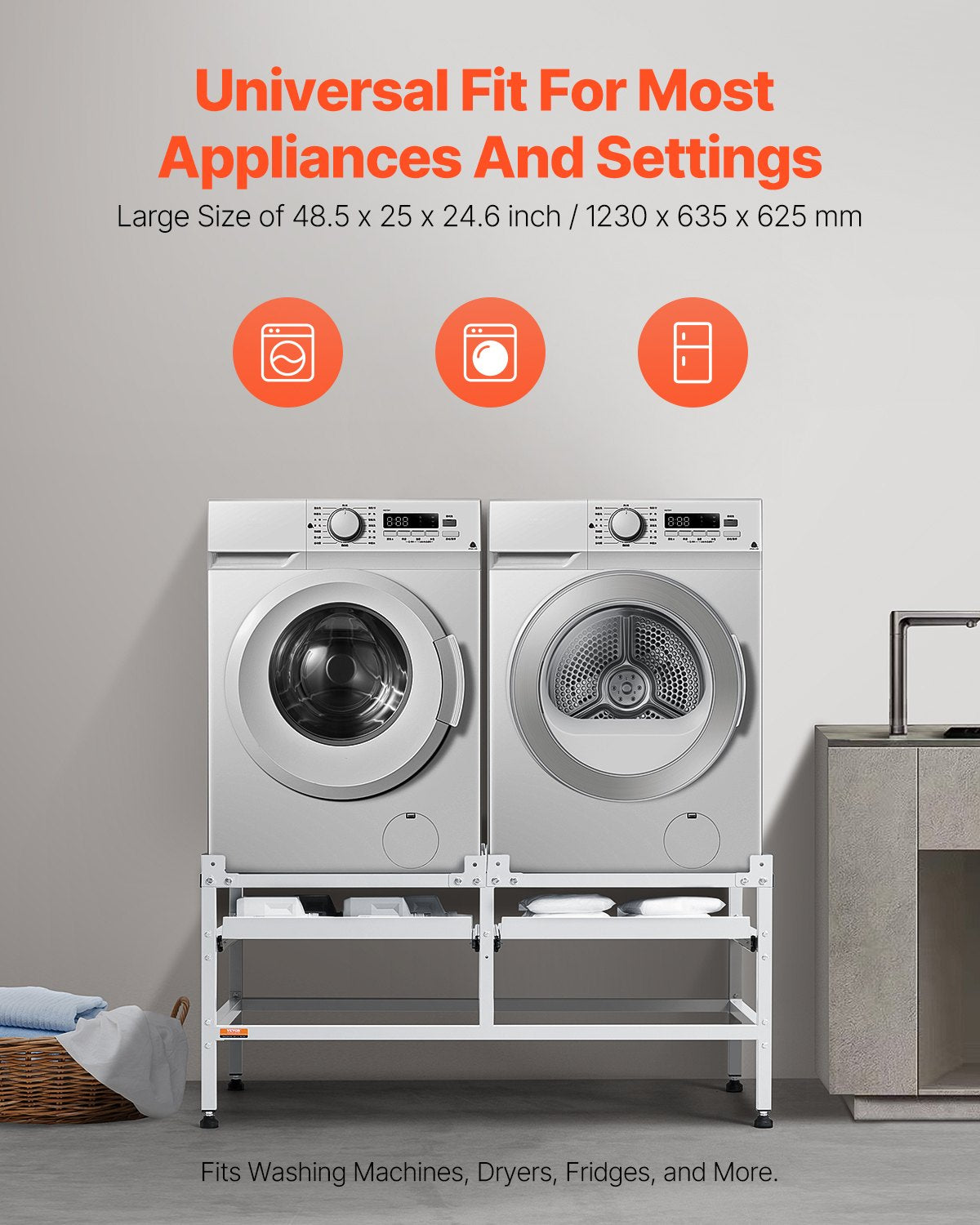 Washing Machine Stand, 48.5x25-Inch Washer Laundry Pedestal, 590LBS Load Capacity Washer And Dryer Pedestal Base with Double Trays, 4 Adjustable Feet for Lifting Washing Machines, Carbon Steel