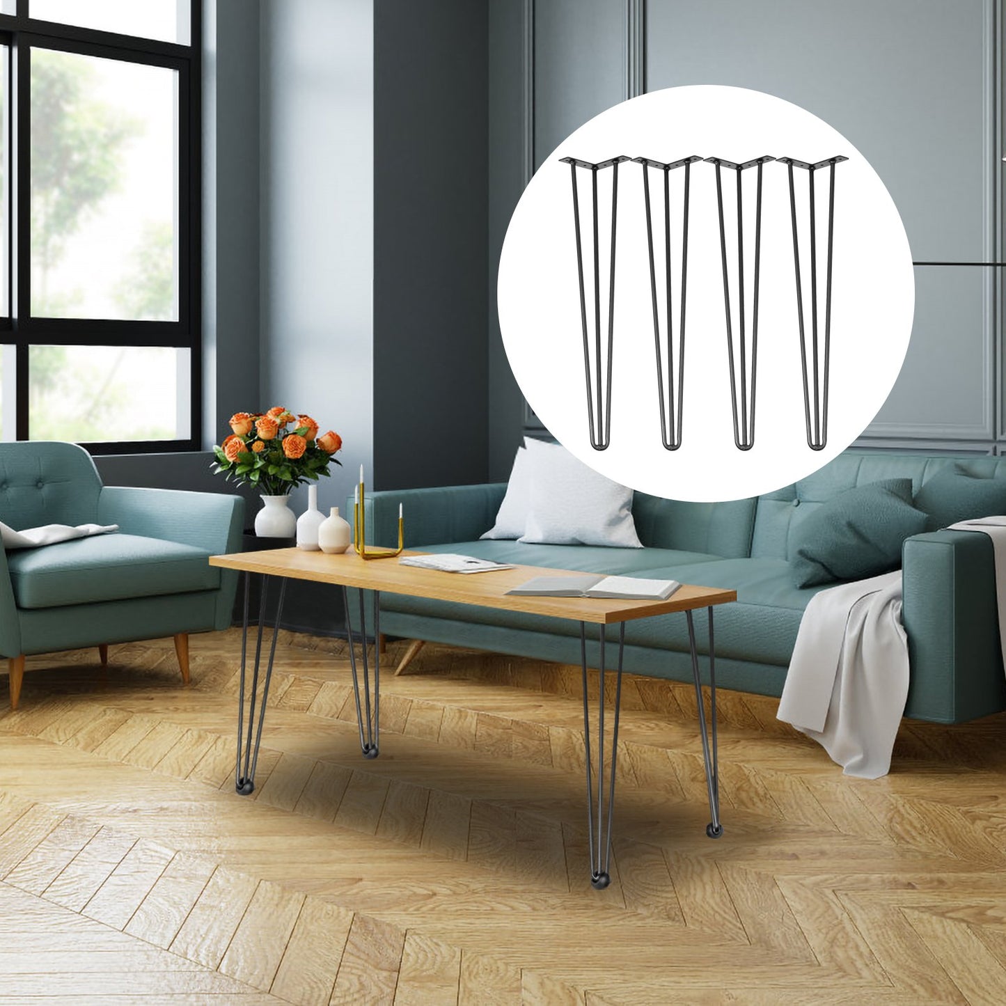 Haarnadel-Tischbeine 61 cm Schwarz 4er-Set Tischbeine je 99,8 kg Tragkraft Haarnadel-Tischbeine 3 Stangen für Bänke, Schreibtische, Esstische, Beistelltische, Stühle Kohlenstoffstahl DIY-Tischbeine Schwerlast-Möbelbeine