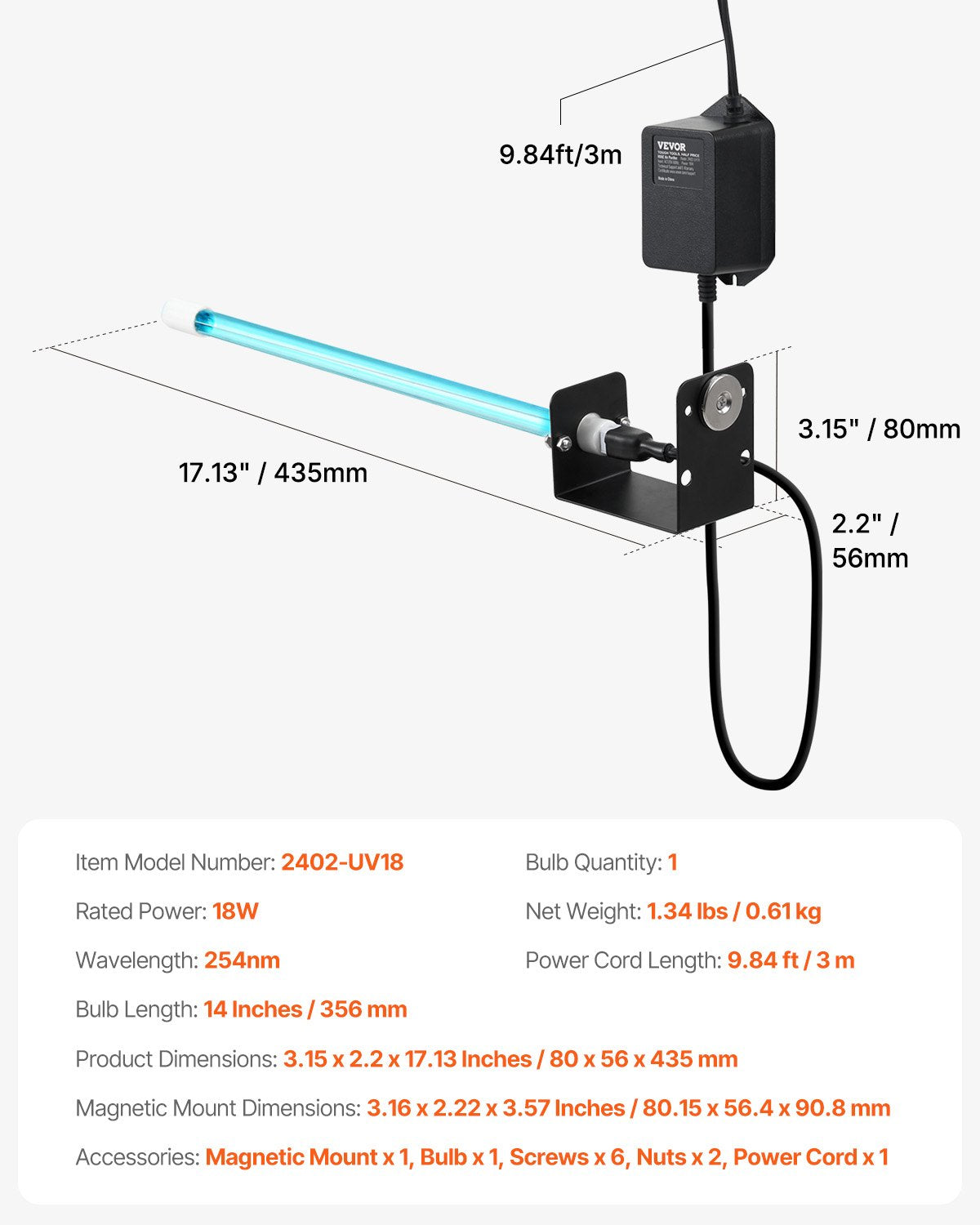 HVAC Air Purifier, 18W 14inch, UV UVC Light Coil Cleaner with Magnet in Duct for Ac (Air Conditioning) Duct, Air Scrubber with HVAC UV lights for Ac Systems