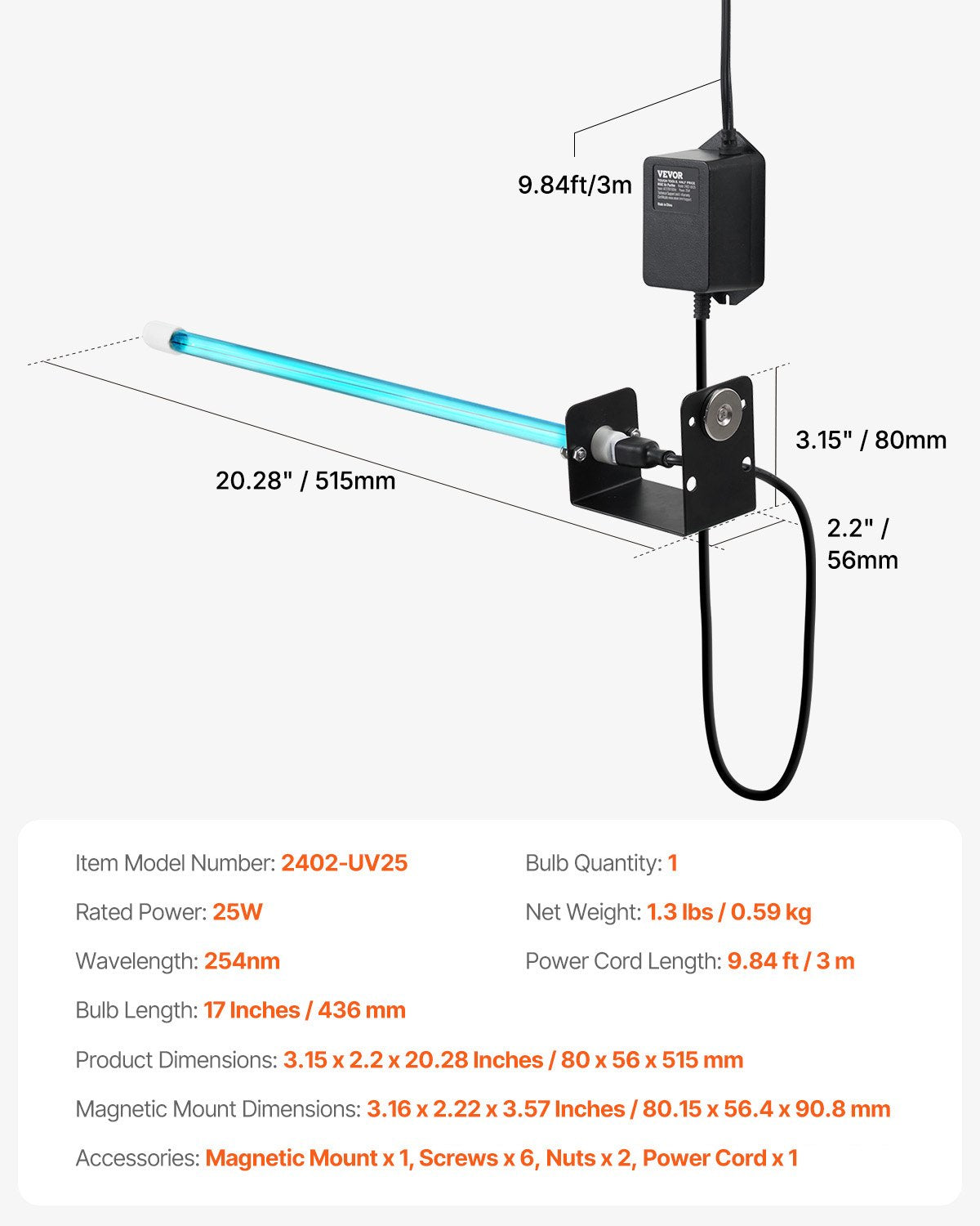 HVAC Air Purifier, 25W 17inch, UV UVC Light Coil Cleaner with Magnet in Duct for Ac (Air Conditioning) Duct, Air Scrubber with 1 Replacement Bulb, HVAC UV lights for Ac Systems