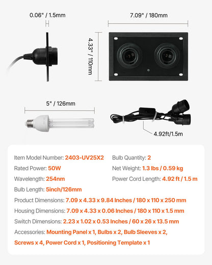 HVAC Air Purifier Whole House, 50W 5inch, UV UVC Light in Duct for Ac (Air Conditioning) Duct, Air Scrubber with 2 Replacement Bulb, HVAC UV lights for Ac Systems