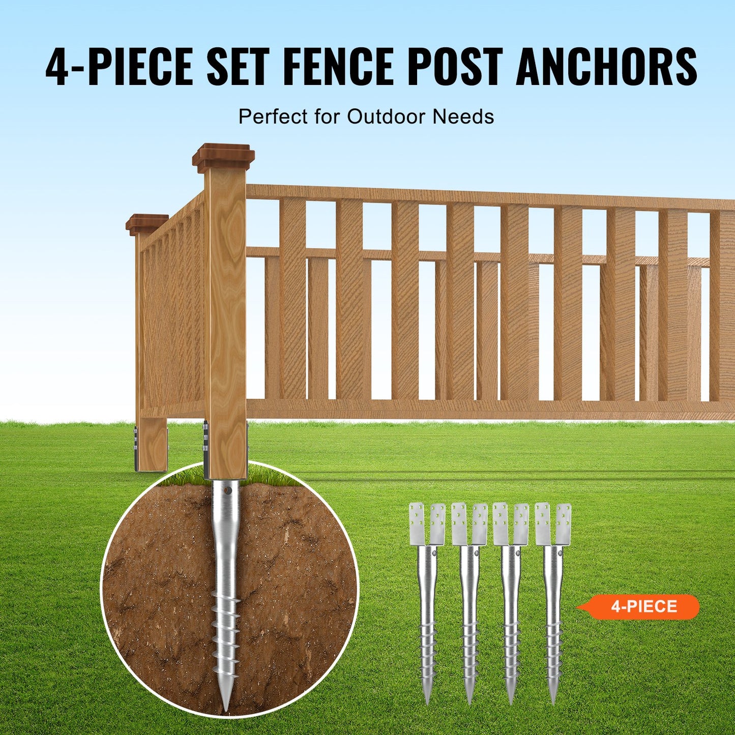 No Dig Ground Anchor, 4 Pack 3.94 x 2.76 x 27.56 in/10 x 7 x 70 cm DIY Screw in Post Stake, Includes 6 Lag Bolts & a Rebar, U-Shape Heavy Duty Steel Post Holder, Great for Mailbox Posts and Fence Posts