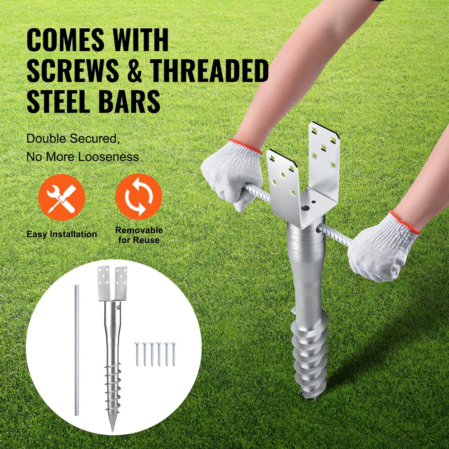 No Dig Ground Anchor, 4 Pack 3.94 x 2.76 x 27.56 in/10 x 7 x 70 cm DIY Screw in Post Stake, Includes 6 Lag Bolts & a Rebar, U-Shape Heavy Duty Steel Post Holder, Great for Mailbox Posts and Fence Posts