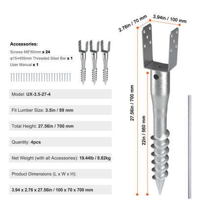 No Dig Ground Anchor, 4 Pack 3.94 x 2.76 x 27.56 in/10 x 7 x 70 cm DIY Screw in Post Stake, Includes 6 Lag Bolts & a Rebar, U-Shape Heavy Duty Steel Post Holder, Great for Mailbox Posts and Fence Posts