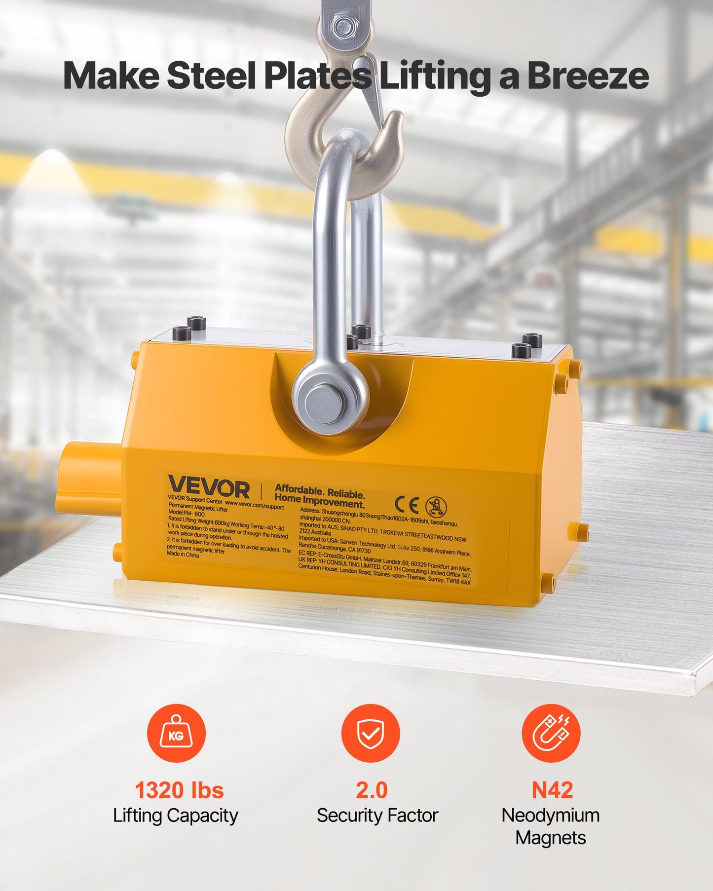 Permanent Magnetic Lifter, 600 kg Pulling Capacity, Heavy Duty N42 Neodymium Lifting Magnet with Release Handle and Steel Hook, Used in Shop Crane and Hoist, for Lifting Plate Steel, Board