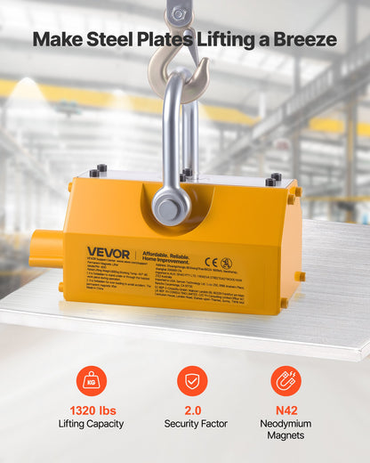 Permanent Magnetic Lifter, 600 kg Pulling Capacity, Heavy Duty N42 Neodymium Lifting Magnet with Release Handle and Steel Hook, Used in Shop Crane and Hoist, for Lifting Plate Steel, Board